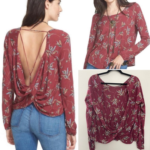 Free People‎ Floral Cotton Modal Jersey Elsa Open Back Top Small - Picture 1 of 7